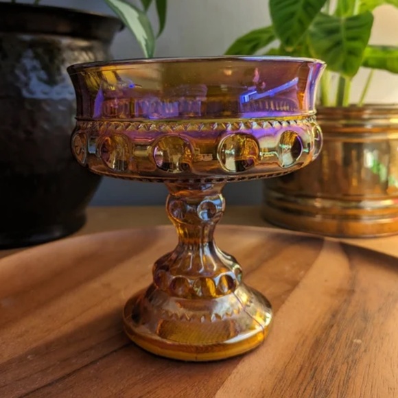 Kings Crown Compote Amber Gold Carnival Glass Thumbprint Candy Dish VTG - Picture 9 of 9